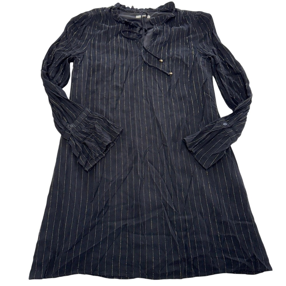 Gilli Dress Women Small Black‎ Gold Metallic Pinstripe Mini Ruffle Tie Neck